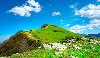 Landscape of rock mountain. Hill with beautiful sky and white clouds on sunny day. Farming ranch. Animal pasture.  Landscape of green grass field and pine tree. Countryside grassland in spring.