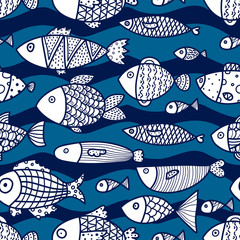 Wall Mural - Linear decorative fish on a mint background and waves. Seamless pattern can be used for wallpaper, pattern fills, web page background, surface textures.