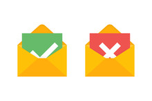 Envelopes With Green Checkmark And Red Cross. Approved Letter. Rejectioned Letter. Isolated Elements. Notification Symbols.