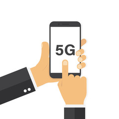 Poster - Hand holding smartphone with 5g connecting. Mobile screen. Internet technology. Device touchscreen.