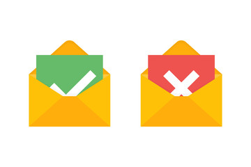 Poster - envelopes with green checkmark and red cross. approved letter. rejectioned letter. isolated elements