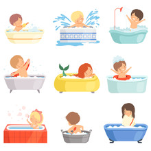 Cute Little Kids Bathing And Playing In Bathtub Set, Adorable Boys And Girls In Bathroom, Daily Hygiene Vector Illustration