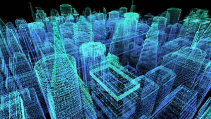 Poster - Futuristic holographic city digitally generated image virtual reality matrix particles in cyber space background environment
