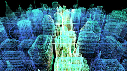 Fototapete - Futuristic holographic city digitally generated image virtual reality matrix particles in cyber space background environment