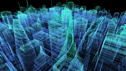 Poster - Futuristic holographic city digitally generated image virtual reality matrix particles in cyber space background environment