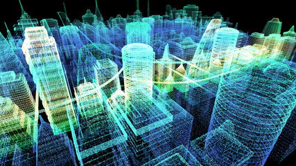 Poster - Futuristic holographic city digitally generated image virtual reality matrix particles in cyber space background environment