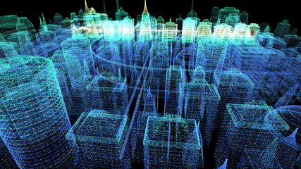 Leinwandbilder - Futuristic holographic city digitally generated image virtual reality matrix particles in cyber space background environment