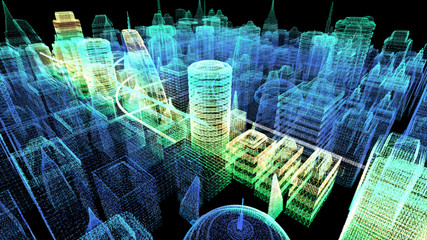 Leinwandbilder - Futuristic holographic city digitally generated image virtual reality matrix particles in cyber space background environment