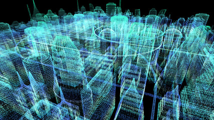 Aufkleber - Futuristic holographic city digitally generated image virtual reality matrix particles in cyber space background environment