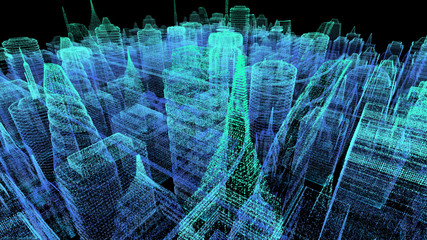 Poster - Futuristic holographic city digitally generated image virtual reality matrix particles in cyber space background environment