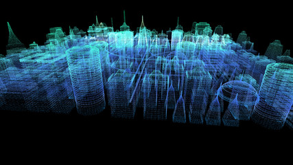 Fototapete - Futuristic holographic city digitally generated image virtual reality matrix particles in cyber space background environment