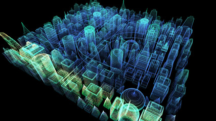 Poster - Futuristic holographic city digitally generated image virtual reality matrix particles in cyber space background environment