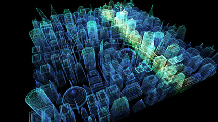 Poster - Futuristic holographic city digitally generated image virtual reality matrix particles in cyber space background environment