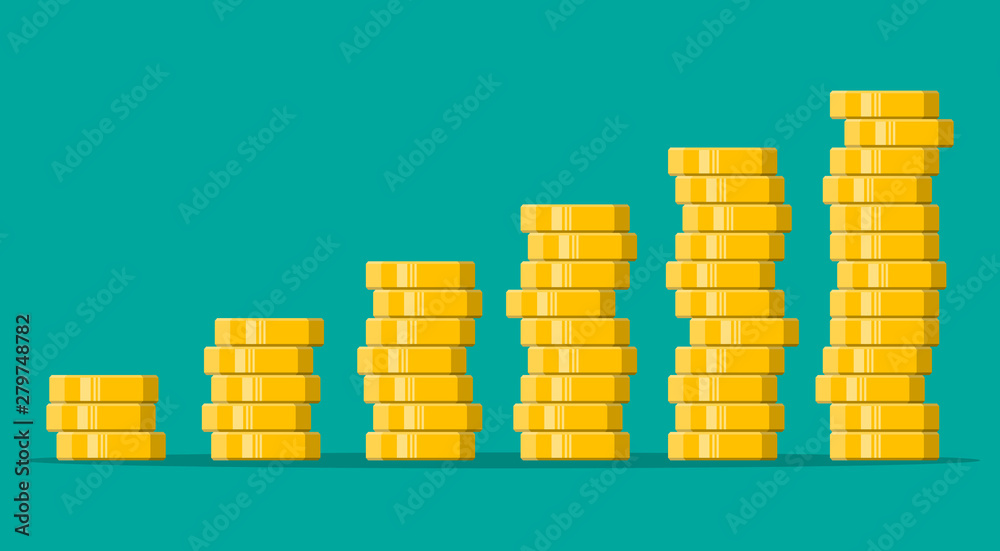 Stack of gold coins. Golden coin with dollar sign. Growth, income, savings, investment. Symbol of wealth. Business success. Flat style vector illustration. - obrazy, fototapety, plakaty 