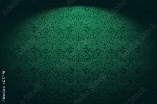 Fotografía Royal, vintage, Gothic horizontal background in green with a classic Baroque pattern, Rococo