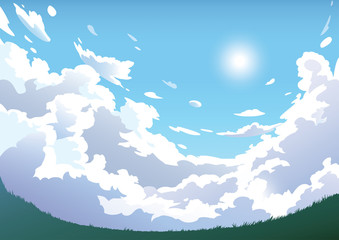 Wall Mural - vector landscape sky clouds. plane in the sky. cartoon anime style. background design