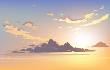 Vector landscape sky clouds. Plane in the sky. cartoon anime style. Background design