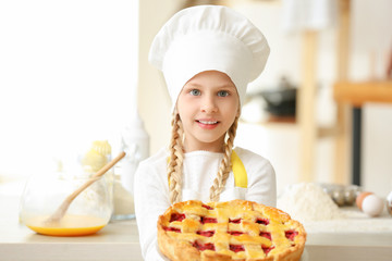 Sticker - Cute little chef with pie in kitchen