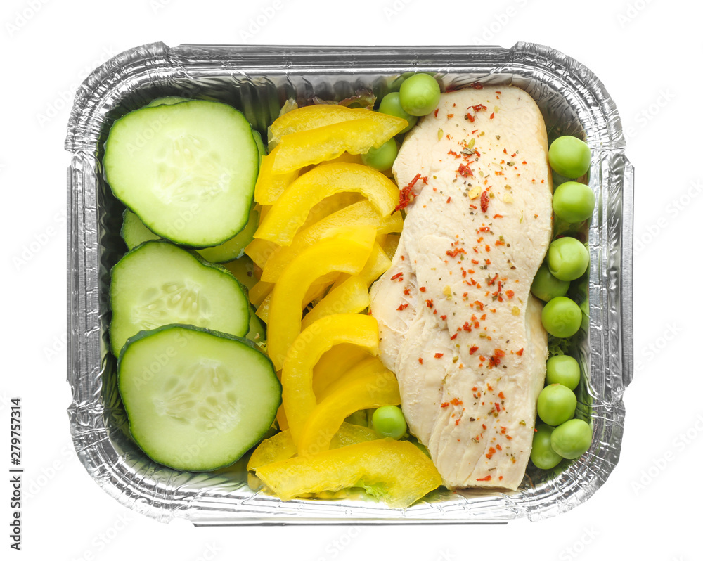 Container with delicious food isolated on white