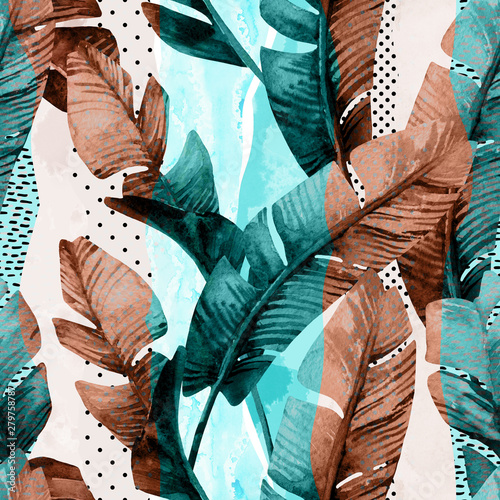 Naklejka na meble Watercolor seamless pattern of banana tropical leaves on vertical striped background