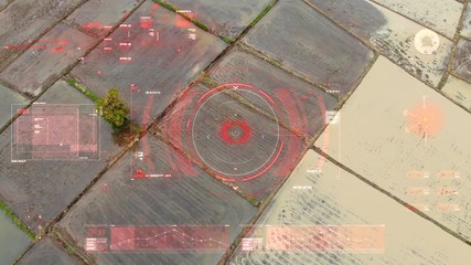 Poster - Drone shot flying aerial view with User interface text graph bar and target pointer element futuristic and cyber technology 