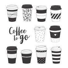 Coffee Cup Set. Vector Collection With Various Disposable Cups Of Coffee To Go. Hand Drawn Doodle Illustration