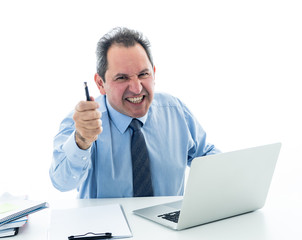 Portrait of happy creative business man working on laptop on new project sharing ideas