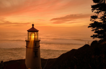 Sticker - Heceta Head Lighthouse at sunset, Pacific coast, built in 1892, Oregon, USA