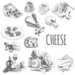 Vector illustration sketch - cheese. provolone, cheddar, edam, Parmigiano, cheddar, parmesan, camembert, brie, mozzarella