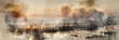 Digital watercolour painting of Panorama landscape of lake in mist with sun glow at sunrise