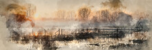 Digital Watercolour Painting Of Panorama Landscape Of Lake In Mist With Sun Glow At Sunrise