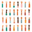 Set of different races raised up hands. The concept of education, business training, volunteering charity, party.