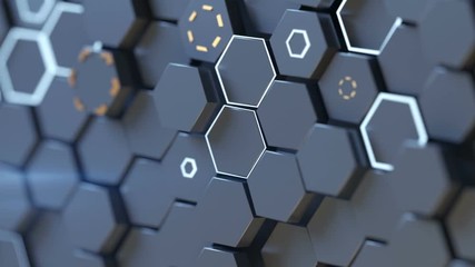 Canvas Print - Closeup shot of hexagons. Abstract geometric pattern. Seamless loop 3D render animation with selective focus