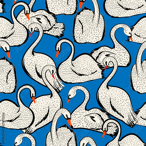 Cotton fabric Summer lake with hand drawn doodle line sketch swan birds seamless pattern in vector , Design for fashion , fabric, web,wallpaper and all prints