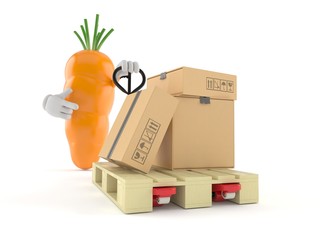 Poster - Carrot character with hand pallet truck with cardboard boxes