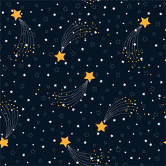 Vector seamless pattern of space with stars on starry night sky. Modern background Decorative big yellow falling star on dark blue background color design