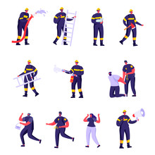 Set Of Flat Firefighters, Policemen And Victims Characters. Cartoon Police Officers And Firemen At Work. Criminal Steal Bag, Male In Uniform Spraying Water. Vector Illustration.