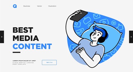 Fototapete - Presentation slide template or landing page website design. Business concept illustrations. Modern flat outline style. Online media