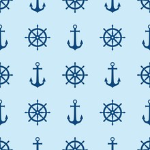 Blue Ship Wheel And Anchor Seamless Pattern Print. Marine Vector Seamless Pattern Design. Nautical Print.