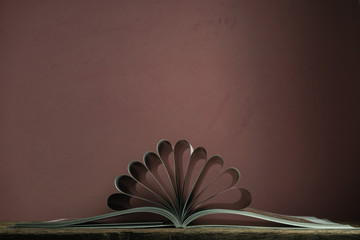 Poster - Beautifull open book on a old oak wooden table dark-red wall background.