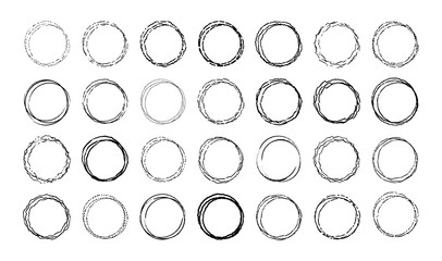 Poster - Vector Set of round doodle frames. Empty circles collection for decoration. Hand drawn sloppy linear circles.
