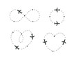 Airplane dotted route, icon set. Plane silhouette and flight path. Path direction loop, shape of heart, circle, infinity symbol. Vector logo concept.