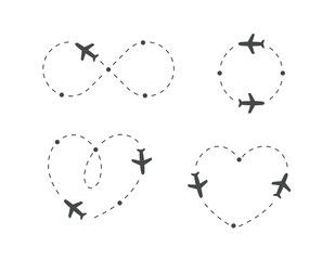 Poster - Airplane dotted route, icon set. Plane silhouette and flight path. Path direction loop, shape of heart, circle, infinity symbol. Vector logo concept.