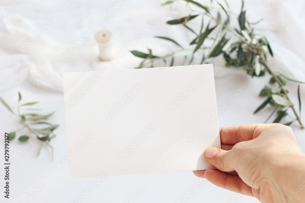 Feminine wedding, birthday greeting card mockup scene with woman's hand holding blank paper card. Blurred background with olive tree branches and silk ribbon. White table background. - obrazy, fototapety, plakaty 