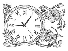 Vintage Clock With Flowers Sketch Engraving Vector Illustration. Scratch Board Style Imitation. Hand Drawn Image.