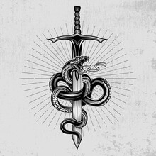 Snake Wrapped Around A Sword. Hand Drawn Vector Illustration In Engraving Technique With Star Rays And Grunge Background. Ancient Symbol Concept. 