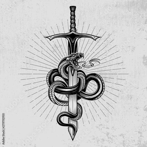 Snake wrapped around a sword. Hand drawn vector illustration in