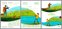 Vector Summer Typographic Posters Set - Hiking And Fishing People. Forests, Trees And Hills On Background. Print Template With Place For Your Text.