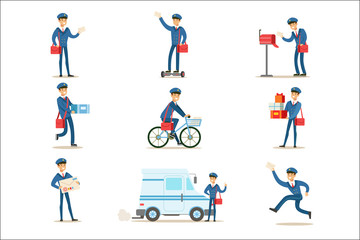 Sticker - Postman In Blue Uniform With Red Bag Delivering Mail And Other Packages, Fulfilling Mailman Duties With A Smile Set Of Illustrations.