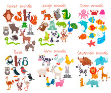 Big Set Of Cute Cartoon Animals. Vector Illustration.
